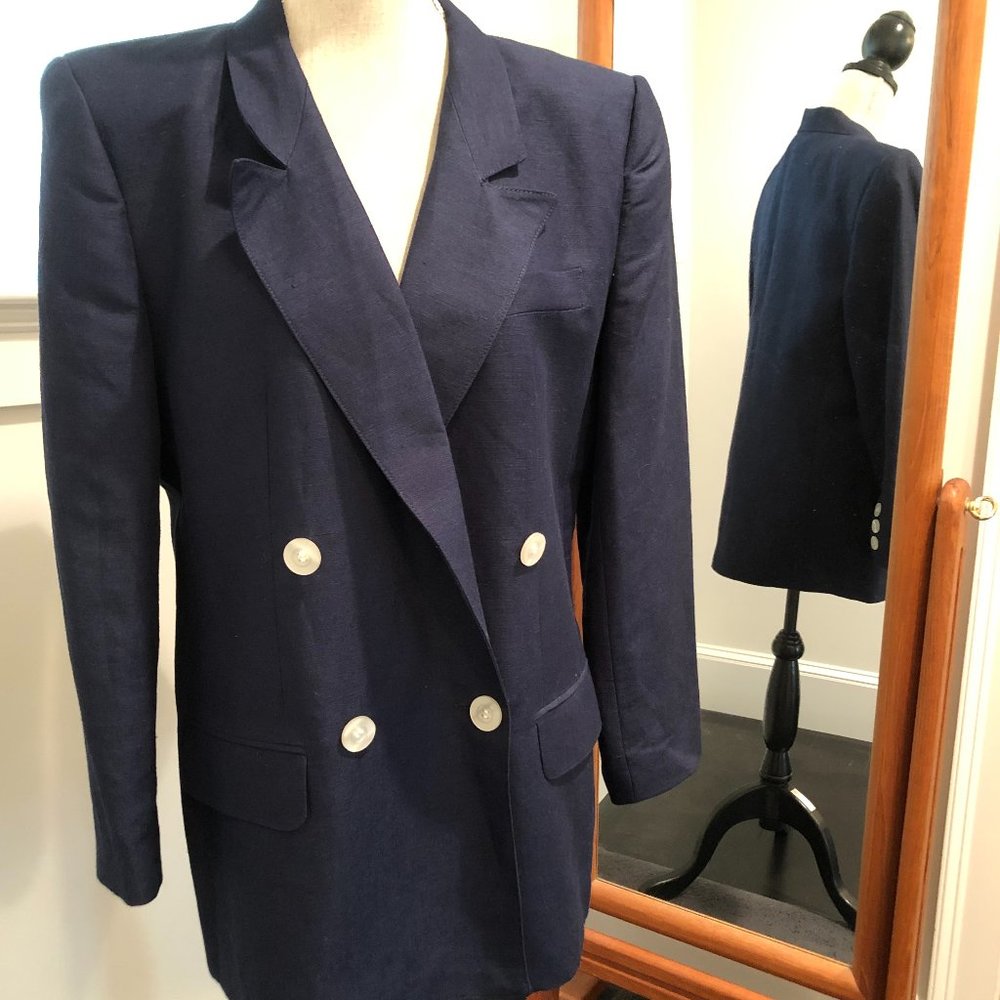 VTG sz14 Navy Blazer Giorgio Sant'Angelo double breasted fully lined Linen blend